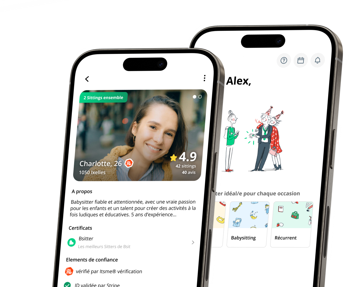 Aperçu de la page d'accueil et d'un profil de Sitter dans l'application Bsit